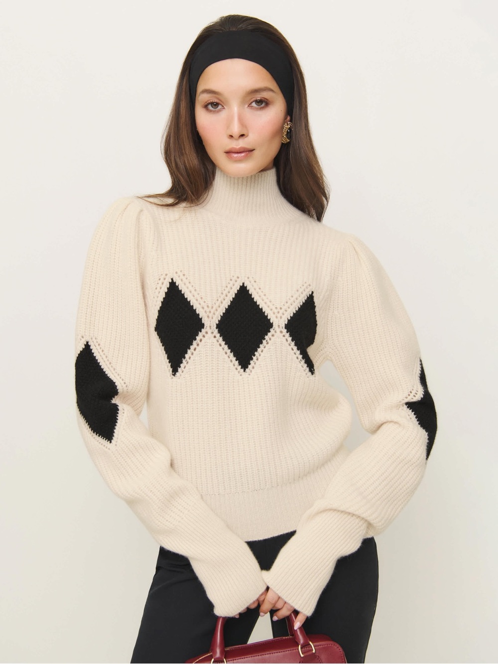 Reformation x Shrimps Diamond Turtleneck Cashmere Cream & Black Sweater - Large - Picture 2 of 11